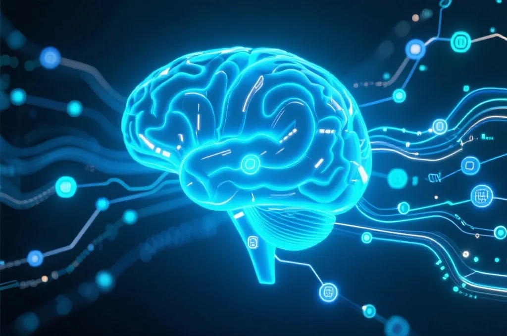 充满科技感的发光数字大脑正在处理海量抽象数据流